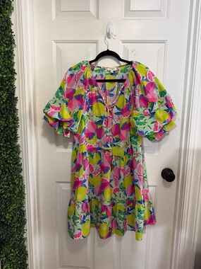 Umgee Pink, Lime & Blue Citrus-Print Puff-Sleeve Dress